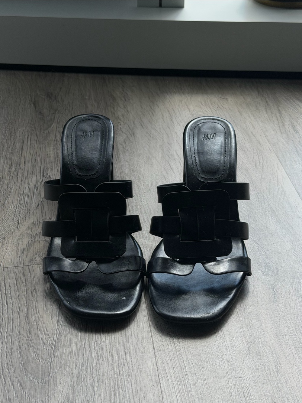 H&M Black Leather Slide Mules with Woven Strap Detail